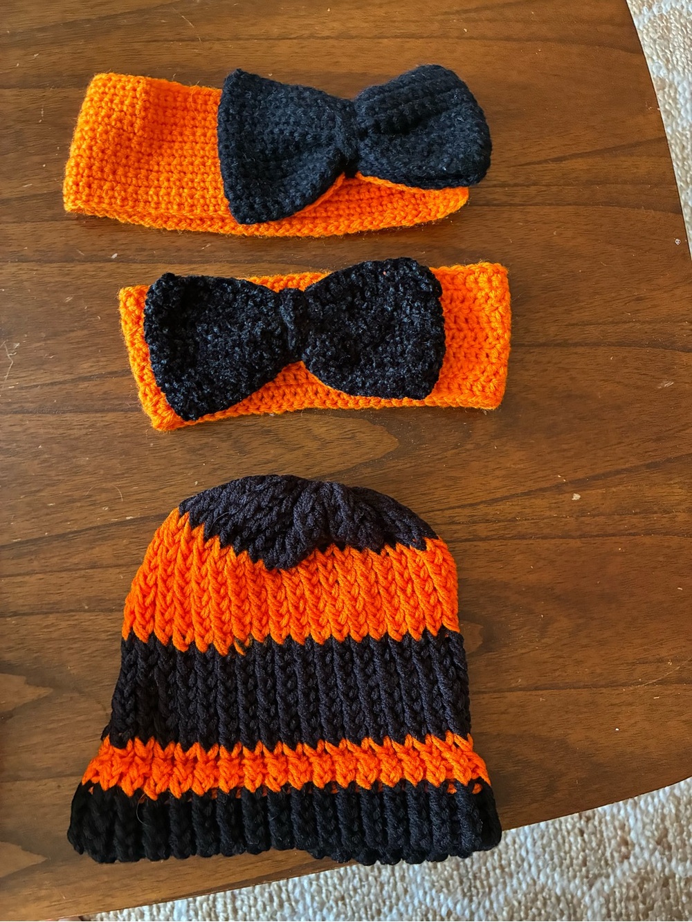 Handmade Crochet Beanie and Bow Headbands in Orange and Black SF giants colors!